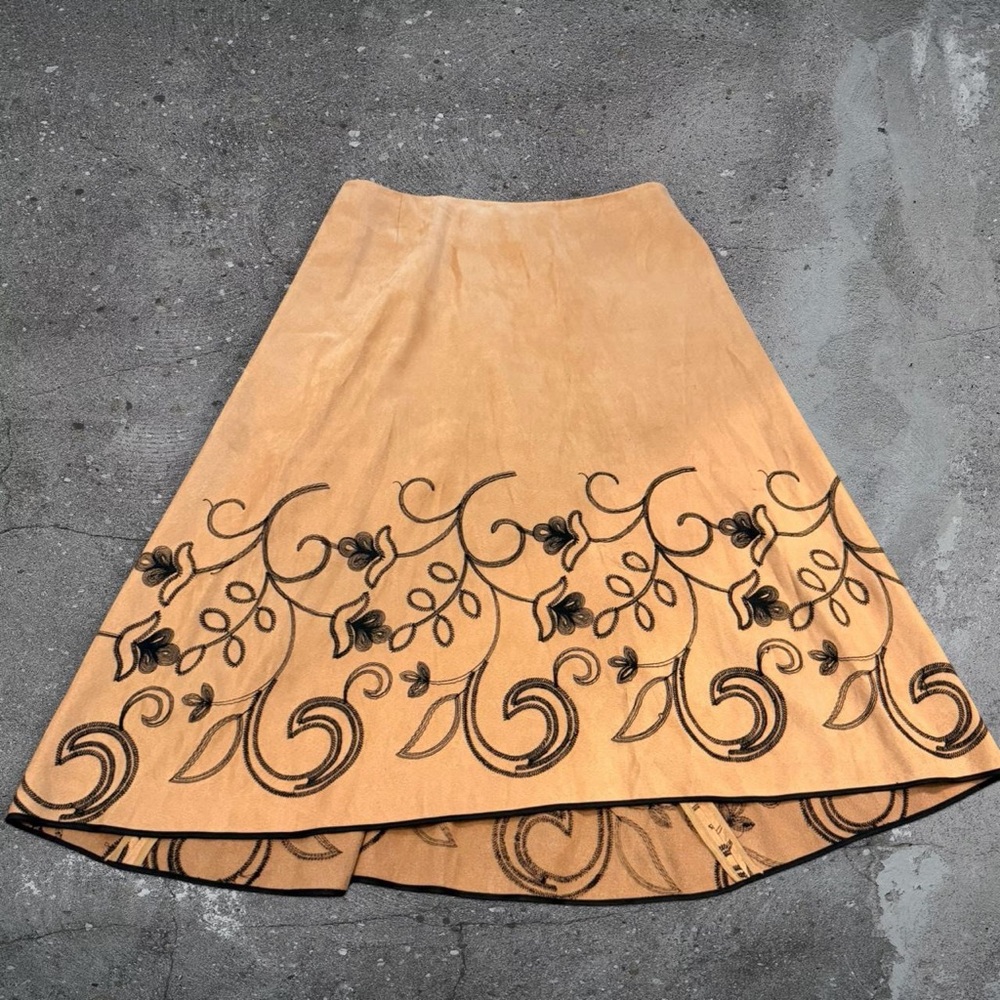 Vintage Embroidered Midi Skirt Boho Western Suede Look Indie Earthy